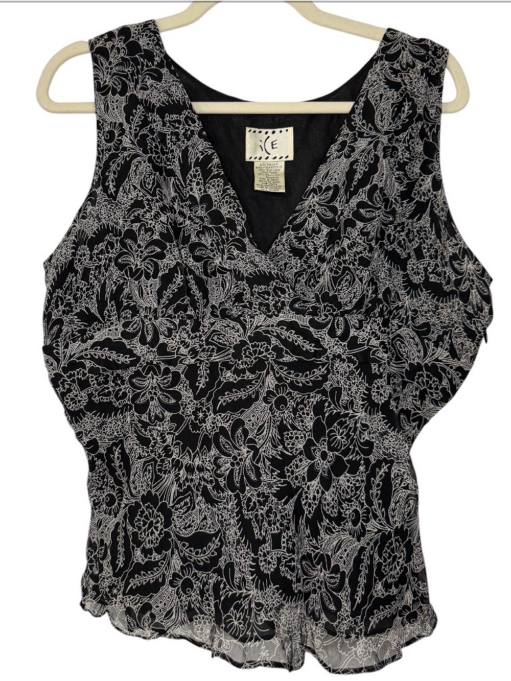 Y2K Ice 100% Silk Black & White Floral V-Neck‎ Tank Top